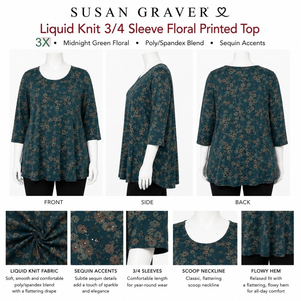 Susan‎ Graver Midnight Green Floral Liquid Knit Sequin Top 3X 3/4 Sleeve Scoop